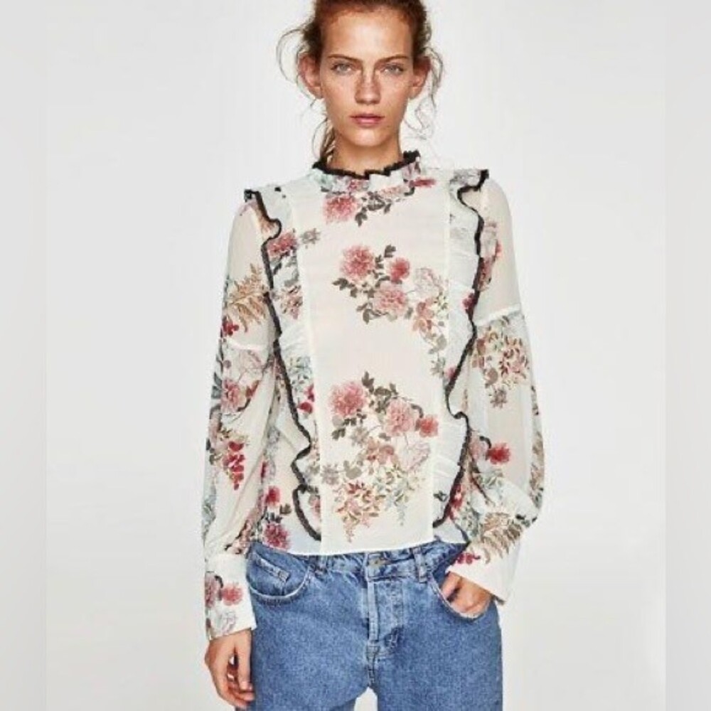 Zara Sheer Floral Blouse Peasant Top Size Small